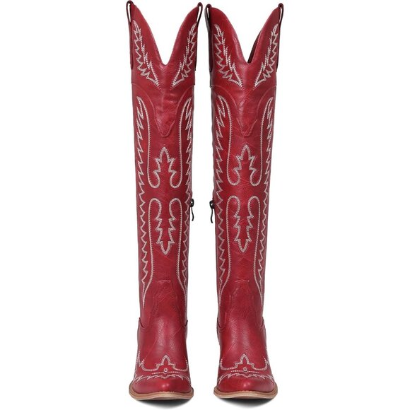 Women Over The Knee Western Boots Classic Embroidered Chunky Heel Slip On Red - Picture 5 of 6